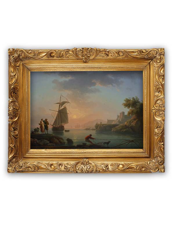 Claude-Joseph Vernet - Mediterranean port at sunset, with a fisherman in the foreground (1778)